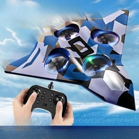 Avion de Lupta cu Telecomanda, Flippy, Tip Drona, din EVA (Spuma), cu Telecomanda, Incarcare USB, 2.4 GHz, Rotire 360°, Zbor pana la 100 m, LED, 24 x 25.5 x 4.2 cm, Model Army, Albastru