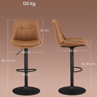 VASAGLE Set 2 scaune bar reglabile, rotative 360°, tapiterie PU, cadru metalic, 44x30x90-112 cm, maro caramel