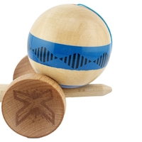 Kendama X FREQUENCY Originala, Profesionala, Flippy, Big Cups V2, Super Sticky cu Cupe Mari, Rulment Metalic, din lemn 18 cm, Ata 55 cm, Albastru/Maro