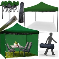 Cort tip pavilion cu 3 pereti laterali, structura solida otel si acoperis impermeabil PVC, 3x3 m cu inaltime reglabila, verde