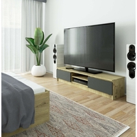 Comoda TV cu 2 usi si rafturi centrale, PAL laminat, 160x40x33 cm, stejar artisan si gri