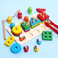 Jucarie Montesorii de Sortat si Pescuit, Flippy, din Lemn, +3 Ani, cu Magnet, Model Forme Geometrice, Pestisori si Albinute, 22.5 x 13 x 5.3 cm, Multicolor