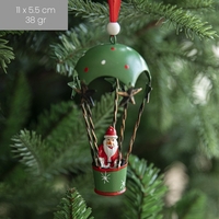 Figurina pentru Brad de Craciun, Flippy, Model Mos Craciun in Balon cu Aer Cald, Ornament pentru Brad, din Metal, 11 x 5.5 x 5.5 cm, Verde