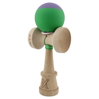 Kendama X Originala, Profesionala, Flippy, Rubber Grip, Cupe Mari KING SIZE V3, Gaura in Baza, Rulment Metalic, din lemn 18 cm, Ata 62/65 cm, Bicolor Mov/Verde