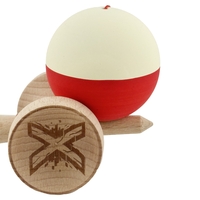 Kendama X Originala, Profesionala, Flippy, Rubber Grip, Cupe Mari KING SIZE V3, Gaura in Baza, Rulment Metalic, din lemn 18 cm, Ata 62/65 cm, Bicolor Galben/Rosu