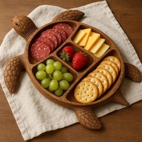 Platou pentru Servire, Vafy, in Forma de Broasca Testoasa, 3 Compartimente pentru Mezeluri, Branzeturi, Snacksuri, Fructe, Design Artistic, din Lemn Masiv, 24 x 24 x 3 cm, Maro