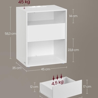 VASAGLE Noptiera cu sertar si statie de incarcare, 2 prize, 2 porturi USB, 45x35x58 cm, alb