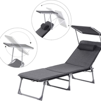 SONGMICS Sezlong pliabil, cu saltea, parasolar si tetiera, spatar reglabil in 4 pozitii, maxim 150kg, 193x53x30 cm, gri