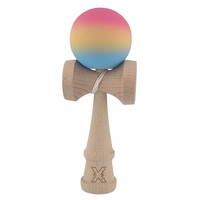 Kendama X Originala, Profesionala, Flippy, din Lemn, Rubber Grip, 18 cm, Roz/Galben/Albastru