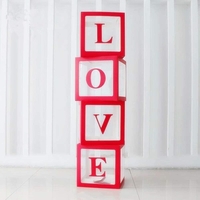 Set 4 Cutii pentru Baloane, Flippy, Model Scris Love, Tematica Iubire, Cuburi Decorative din Plastic, Accesorii pentru Petrecere, 30x30 cm, Transparente Contur Rosu
