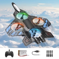 Avion de Lupta cu Telecomanda, Flippy, Tip Drona, din EVA (Spuma), cu Telecomanda, Incarcare USB, 2.4 GHz, Rotire 360°, Zbor pana la 120 m, LED, 25.5 x 18 x 5.2 cm, Negru-Albastru