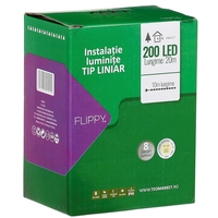 Instalatie Craciun liniara, cu transformator, 20 m, Alb Cald, 200 LED-uri V5, 8 jocuri de lumini, fir verde, Vafy