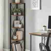 VASAGLE Biblioteca de colt cu 5 etaje, cadru metalic, stil industrial, 30x30x160 cm, maro rustic