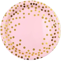 Set 10 Farfurii Unica Folosinta, Flippy, Imprimeu cu Buline, din Carton, Diametru 23 cm, Roz/Auriu