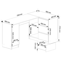 Birou colt dreapta in L cu 3 sertare si rafturi, fronturi din MDF lucios, 155x85x77 cm, alb lucios