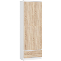 Dulap inchis cu 2 usi si sertar, 4 rafturi, PAL laminat 16 mm, 60x35x180 cm, alb si stejar sonoma