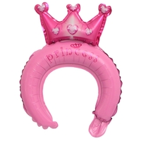 Balon din Folie Metalizata, Vafy, Tip Coronita cu Urechi, Model Coronita de Printesa, Ambalaj Individual, Pai Inclus, Umflare cu Aer sau Heliu, 30 x 27 cm, Roz