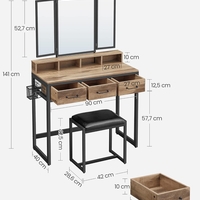 VASAGLE Masuta toaleta 90x40x141 cm, cu 3 sertare, oglinda tripla si taburet, lemn si otel, maro stejar si negru