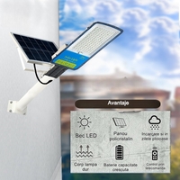 Lampa solara stradala Flippy, IP66, senzor de lumina, 120 LED-uri SMD, 1800 lm, panou 20W, putere 100W, autonomie 12-16 ore, telecomanda, montare prin fixare, pentru strada sau gradina, finisaj mat, material ABS, 49 x 21 x 5.5 cm, gri
