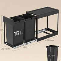 SONGMICS Cos de gunoi incorporabil in mobila, cu 2 compartimente 2x15L, cadru metalic extensibil, 48x25x44 cm, negru