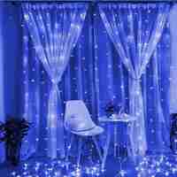 Instalatie Craciun, Tip Perdea, IP44, 8 m x 2 m, 960 LED-uri, Albastru, cu flash, Transformator cu telecomanda, Interconectabila, Prelungitor 3 m inclus, Fir transparent, Interior/ Exterior, Vafy