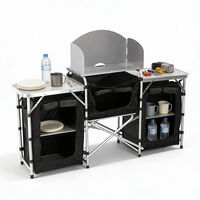 Bucatarie de camping pliabila cu 3 blaturi, cadru aluminiu, portabila pentru exterior, 175x40x111 cm