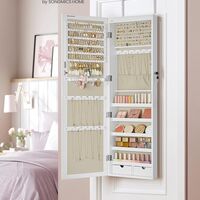 SONGMICS Dulap pentru bijuterii cu oglinda, montare pe perete sau usa, material MDF, inchidere cu cheie, 120x37x10 cm, alb