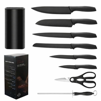 Cutite Bucatarie, Set 9 Piese, Vafy, Otel Inoxidabil cu Acoperire Antiaderenta, Suport Depozitare Inclus, 6 Cutite, Tija Ascutire si Foarfeca Bucatarie, 31 x 10 x 10 cm, Negru