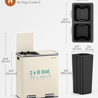 SONGMICS Cos de gunoi dublu colectare selectiva, 2x30L, cu pedale si capac soft close, galeata interioara, otel, 62x59x36 cm, crem