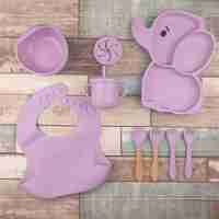 Set 10 Piese Servire Masa. Flippy, pentru Bebelusi si Copii, din Silicon/Lemn, cu Ventuze Anti-alunecare, fara Alergeni. +6 Luni, Model Elefant, Mov