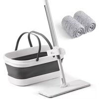 Mop Plat, Flippy, cu Galeata Pliabila, 2 Rezerve din Microfibra, 127 cm Tija Telescopica, Utilizare Umeda/Uscata, Recipient Lichid, Gri