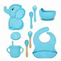 Set 10 Piese Servire Masa. Flippy, pentru Bebelusi si Copii, din Silicon/Lemn, cu Ventuze Anti-alunecare, fara Alergeni. +6 Luni, Model Elefant