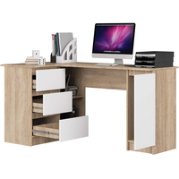 Birou colt stanga in L cu 3 sertare si rafturi, PAL laminat 16 mm, 155x85x77 cm, stejar sonoma si alb