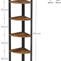 VASAGLE Biblioteca de colt cu 5 etaje, cadru metalic, 150x30x30cm, stil industrial maro rustic si negru