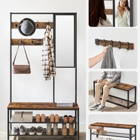 VASAGLE Cuier cu rafturi depozitare pantofi si ​​oglinda, industrial, 35x98x180 cm, maro rustic si negru