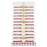 Bratara Martisor pentru Dama, Jolie, Model Trifoi, Set 12 bucati, Pandativ din Inox Auriu, Snur Ajustabil Impletit, Rosu