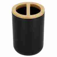 Set de accesorii rotunde pentru baie din plastic cu elemente bambus, 6 piese, negru