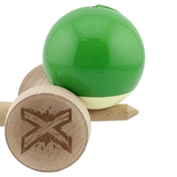 Kendama X Originala, Profesionala, Flippy, Super Sticky cu Cupe Mari KING SIZE V3, Gaura in Baza, Rulment Metalic, din lemn 18 cm, Ata 62/65 cm, Bicolor Verde/Alb