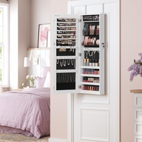 SONGMICS Dulap pentru bijuterii, cu oglinda design fara rama, MDF, montare pe perete sau usa, 37x10x108 cm, alb