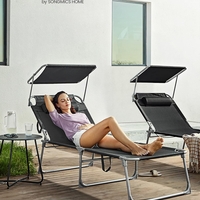 SONGMICS Sezlong pliabil, cu parasolar si tetiera, spatar reglabil in 4 pozitii, maxim 150kg, 200x71x38cm, negru