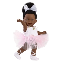 Papusa Llorens Zoe / Lu Balerina, mulatra, din vinil moale cu corp articulat, costum cu tutu roz, 28 cm, 3 ani+