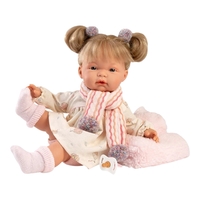 Papusa interactiva Llorens Joelle Llorona, bebelus cu corp moale, codite, vesta din blanita roz si sunete, 38 cm, 3 ani+