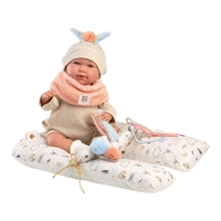 Papusa interactiva Llorens Mimi Llorona, bebelus cu corp moale, hainute ecru, suzeta si perna de joaca inclusa, 42 cm, 3 ani+