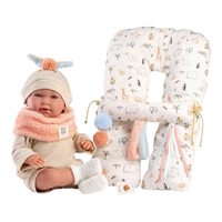 Papusa interactiva Llorens Mimi Llorona, bebelus cu corp moale, hainute ecru, suzeta si perna de joaca inclusa, 42 cm, 3 ani+