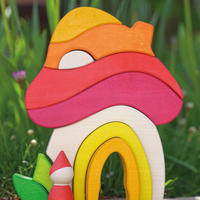 Joc de construcție și puzzle 3D din lemn Goki Evolution - Casa Ciupercă (Mushroom House), 7-11 piese