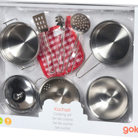 Set de gătit pentru copii Goki, 9 piese metalice cu mănușă textilă, Argintiu, +3 ani
