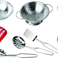 Set de gătit pentru copii Goki, 9 piese metalice cu mănușă textilă, Argintiu, +3 ani