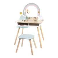 Masuta de toaleta din lemn Janod, Unicorn, cu scaunel, oglinda, compartiment magnetic si 10 accesorii, 3-6 ani