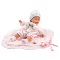 Papusa interactiva Llorens Joelle Llorona, bebelus cu corp moale din material textil, paturica roz si sunete, 38 cm, 3 ani+
