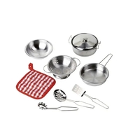 Set de gătit pentru copii Goki, 9 piese metalice cu mănușă textilă, Argintiu, +3 ani